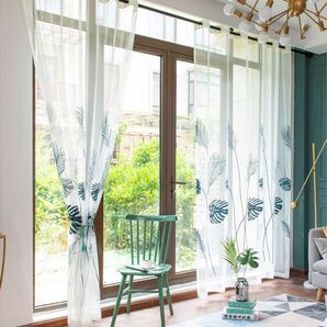 レースカーテン モンステラ葉っぱ フックタイプ 幅100センチ*丈200センチ 2枚セット 激安 即発送 薄手 雰囲気