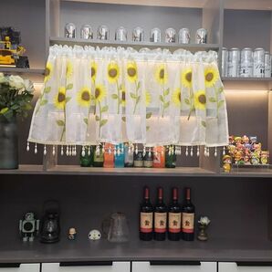 カフェカーテン 幅200センチ*丈50センチ 上品 目隠し フリンジ付き 高級刺繍 ホワイト 白 レース ひまわり 花柄 可愛い