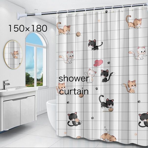 シャワーカーテン 猫柄 キャット ポップ かわいい ホワイト地 白 猫好き