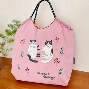 猫柄 刺繍 エコバッグ ピンク