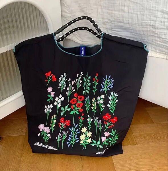 花柄 刺繍 エコバッグ ブラック