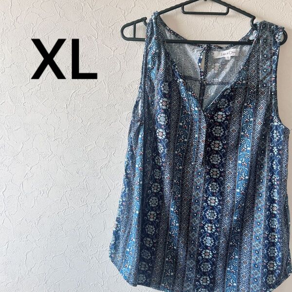 トップス ノースリーブ 総柄 花柄 XL