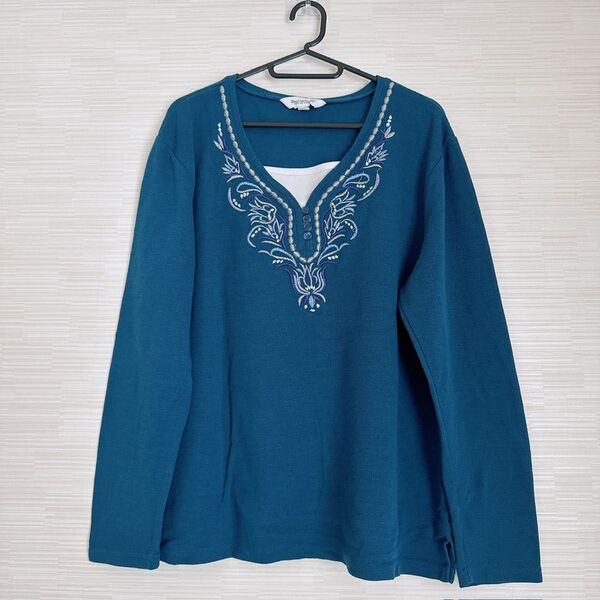 great northwest レイヤード風 ネイビー 刺繍 長袖 Tシャツ ニット トップス 長袖 カットソー 長袖セーター