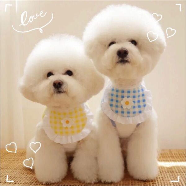 【新品】可愛い フラワーギンガムチェックすたい 犬 服 猫 よだれかけ ブルー ドッグウェア エプロン