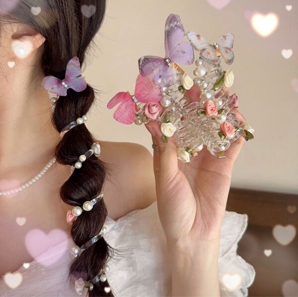 パール 髪飾り 結婚式 キッズ ヘアアクセサリー 華やか フラワー お呼ばれ 上品 大人 レディース スパイラル ポニーフック 蝶