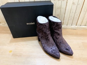 T30★SNIDEL/スナイデル メタルポイントショートブーツ ベロアブーツ パープル Mサイズ レディースブーツ 太ヒール USED ★