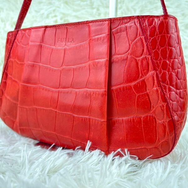 FURLA クロコ型押し ワンショルダーバッグ ハンドバッグ レッド ショルダーバッグ レザー