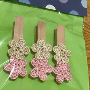 ウッド クリップ レース編み小花 ピンク×ベージュ ハンドメイド