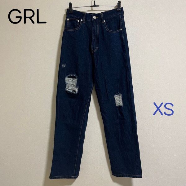 GRL グレイル ストレートデニムパンツ ジーパン デニムズボン ダメージ加工 ハイウエスト 脚長効果 XS