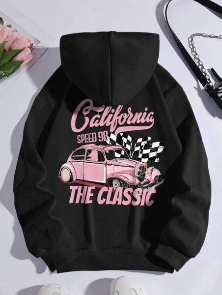 フード付きパーカー ドローストリング バックプリント 黒 ブラック 車 ピンク 裏起毛 ボア 3XL 大きめサイズ ゆったりサイズ