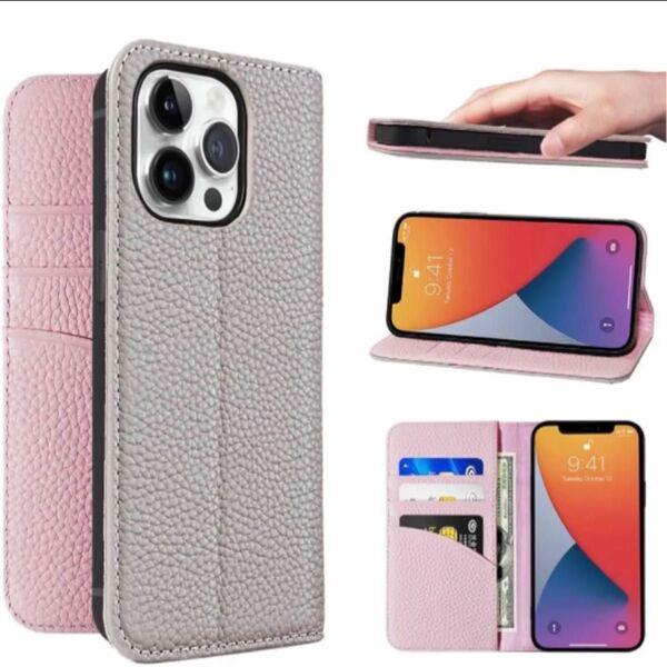 iPhone 13 Pro ケース 手帳型 カバー 耐衝撃 保護 本革 内蔵マグネット スタンド機能 - グレー/ピンク