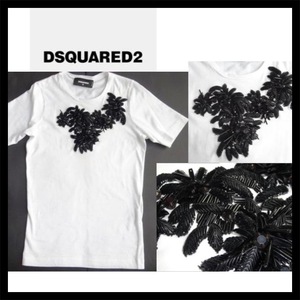 * DSQUARED2biju- футболка 36 S новый товар белый украшен блестками бисер стекло цветок вышивка чёрный Dsquared Италия производства высококлассный 10 десять тысяч иен соответствует 