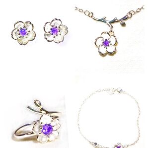【美品】桜モチーフ4点セット シルバー925&キュービックジルコニア 指輪 アクセサリーセット ジュエリーオープンシェイプ