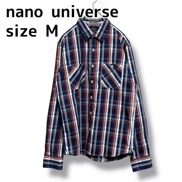 美品 ナノユニバース チェックシャツ 長袖 総柄 ネイビー M