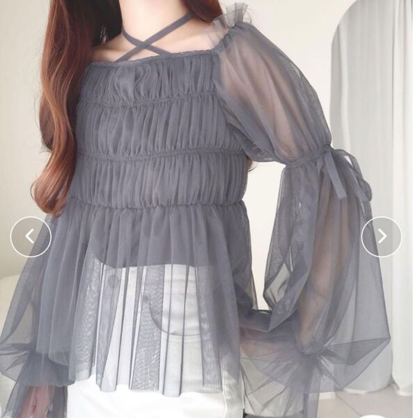 MILY BILETリボン使い2WAYボリュームスリーブチュールオフショルブラウス