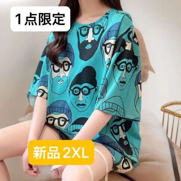 新品 レディース 半袖Tシャツ ブルー 韓国風 2XL 3L 大きいサイズ ゆったり オーバーサイズ