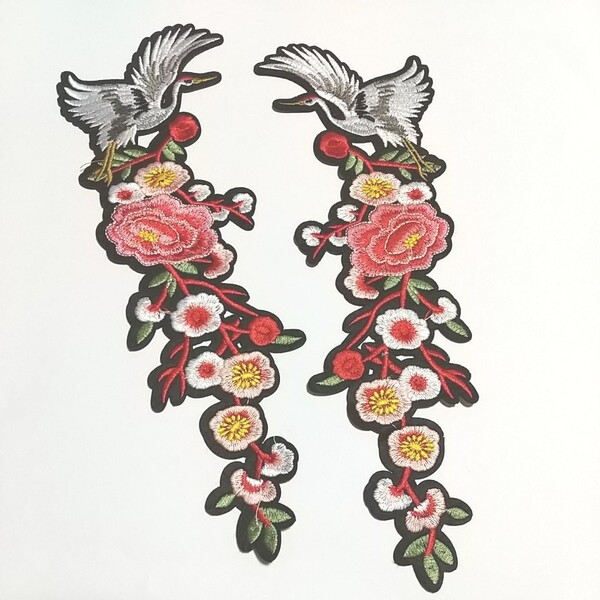 鶴花柄刺繍アイロン用ワッペン
