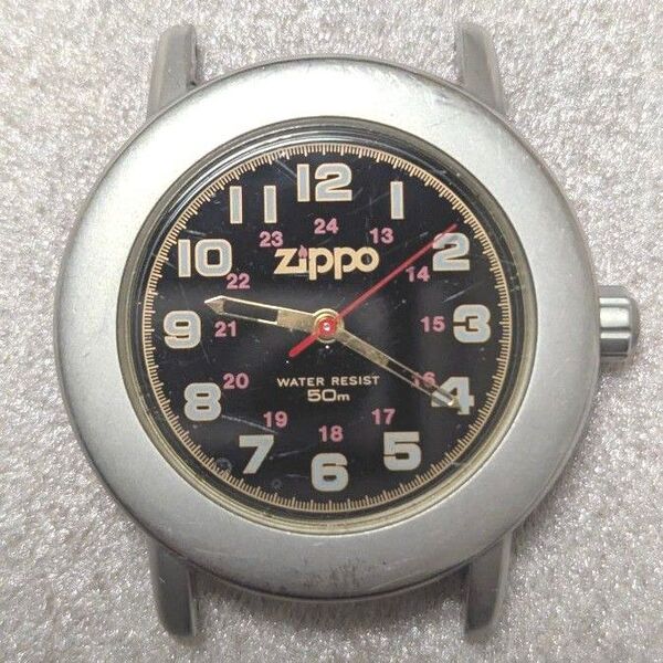 値下げしました Zippo ステンレススチール 時計 防水 約36mm ミリタリー ジャンク 不動品 ブラック文字盤 ジッポ