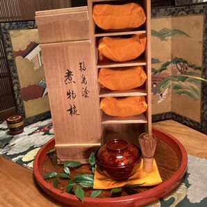 A893 木製輪島塗 白檀塗 山吹蒔絵 『千舟堂』 吸い物椀 煮物椀 5客