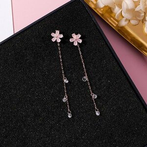  earrings flower both ear long swaying pink Sakura Sakura Sakura S925 silver pin gold are correspondence zircon lady's aa234-8