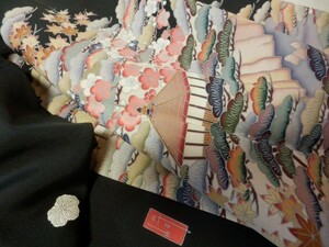 Art hand Auction 19709 Doublure tomesode noire♪ Jamais portée ! Avec cinq écussons ! Yuzen peint à la main ! Objet d'auteur ! Signé! Bon état ♪, mode, kimono femme, kimono, Tomésode