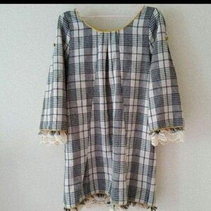 ランゲージ 韓国製 ツイード 厚手 レース ミニワンピース ワンピース 七分袖 チェック