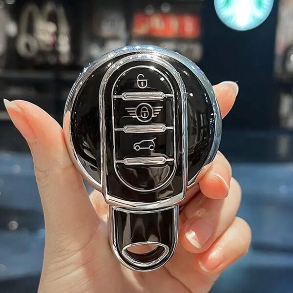 MINI用スマートキーカバー ブラック×シルバー キーケース TPU素材 360°保護 ミニクーパー F60 F56 F55 他
