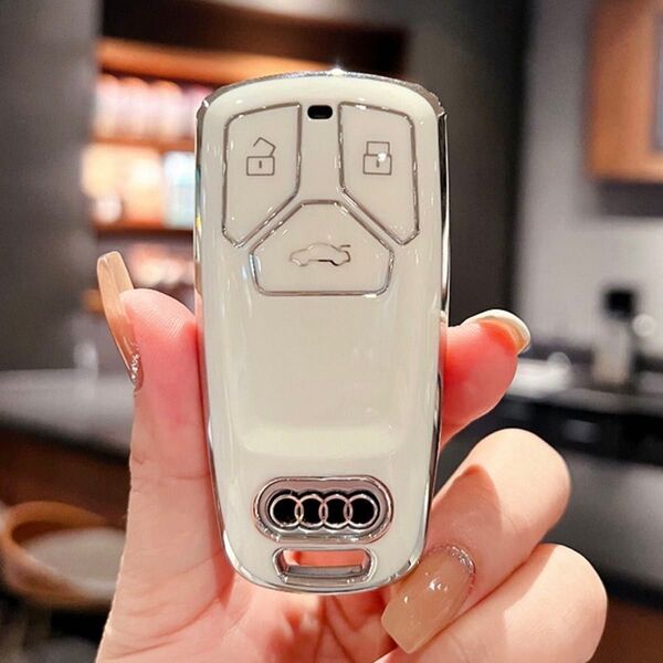 アウディ用 スマートキーカバー ホワイト×シルバー TPU素材 キーケース 保護カバー A4 A5 A7 Q5 Q7 TT 白