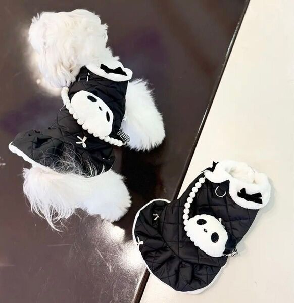 【新品】ペット服 刺繍リボンが可愛いパンダドレス パンダポシェット付き(取り外し可)冬のお出掛けあたたかコート