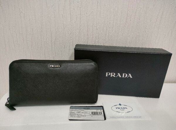 美品 プラダ サフィアーノ 長財布 ウォレット PRADA レザー ラウンドファスナー財布 メンズ