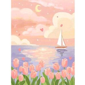 【No.123】ダイヤモンドアート☆スターターキット☆海×フラワー☆パステル風景☆チューリップA☆飾れるインテリア趣味DIY1