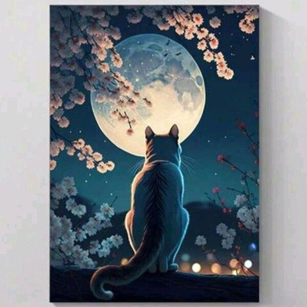 【No.114】ダイヤモンドアート☆スターターキット☆猫×月×夜桜☆ねこネコキャットインテリア趣味DIY1