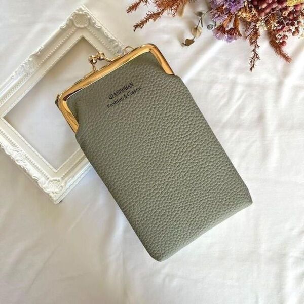スマホショルダー スマホポーチ スマホ財布 がま口 レディース バッグ グレージュ 2way ミニバッグ カジュアルバッグ ポーチ