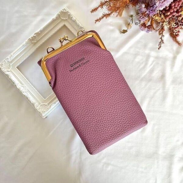 スマホショルダー スマホポーチ スマホ財布 がま口 レディース バッグ 薄紫 2way ミニバッグ カジュアルバッグ レザーケース