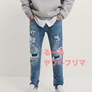 伸縮性強め ペイント ZARA MAN テキスト ストレッチ 38 30 スキニー ダメージ デニム メンズ パンツ ジーンズ