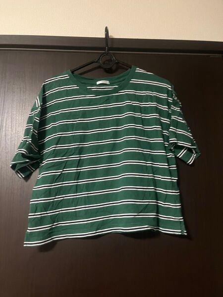 Tシャツ ボーダー トップス カットソー 白 半袖 緑 M レディース服