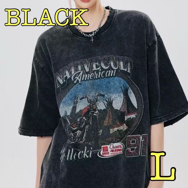 L 黒 ヴィンテージ加工 バンド Tシャツ カーキ 半袖 ロックTシャツ