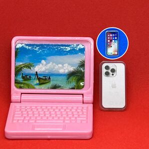 新品ミニチュア ピンクPC+スマホ 折り畳み可能ノートパソコン iPhone風スマートフォン ノートPC ドール撮影小物グッズ