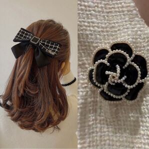 卒業式 卒園式 入学式 入園式 ママ リボン ヘアアクセサリー ツイード バレッタ ブローチ コサージュ 黒