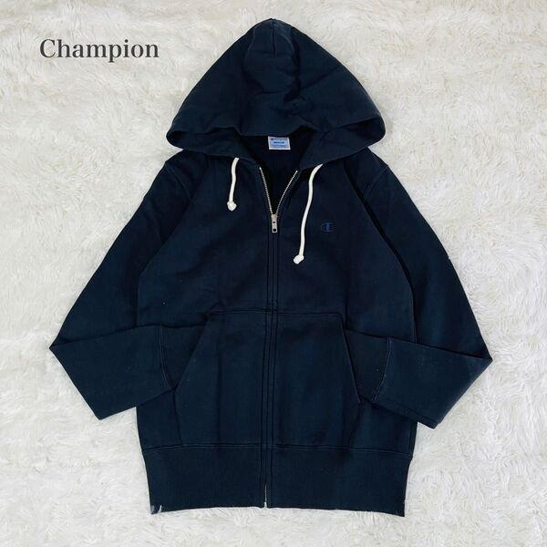 【USED】チャンピオン Champion レディース 裏起毛 フーディー ジップアップパーカー 刺繍ロゴ ワッペン シンプル