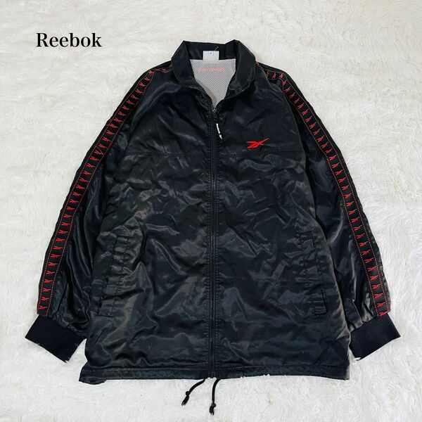 【USED】リーボック Reebok ウインドブレーカー ナイロンジャケット トラックジャケット 大きいサイズ 刺繍ロゴ ブラック