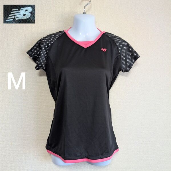 New Balance Mサイズ Tシャツ ブラック/ピンク レディース 半袖 テニス バドミントン ウエア トップス Tシャツ