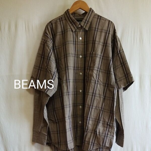 BEAMS レイヤードデザイン チェック ビッグシャツ 茶系 M