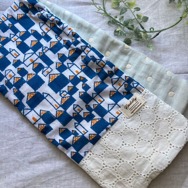 ハンドメイド 6重ガーゼストールタオル レースミナペルホネン htte blue