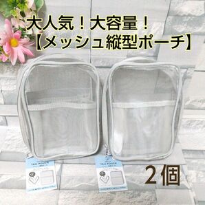 大人気!品薄!話題のメッシュ縦型ポーチ 大容量 仕切り付き メイクポーチ グレー 2個セット 新品