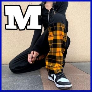 【新品未使用】ワイドパンツ 裾チェック柄 Mサイズ