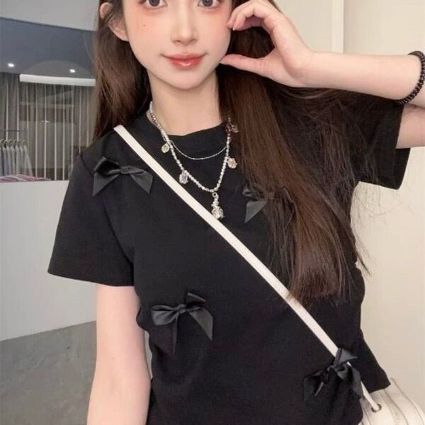 レディース Tシャツ リボン 半袖 韓国 夏服 大人ガーリー キュート 2XL 3L XXL 黒 ブラック カットソー 大きめ