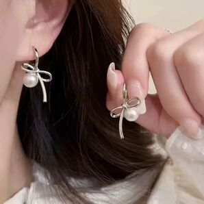 ピアス リボン パール シルバー 可愛い オシャレ 日常 大人 人気 最新