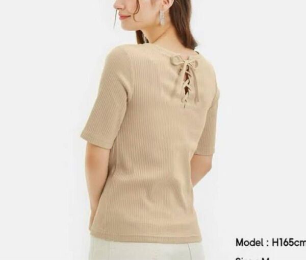 ニット 五分丈 カットソー リブニット ベージュ リボン リバーシブル GRL GU トップス