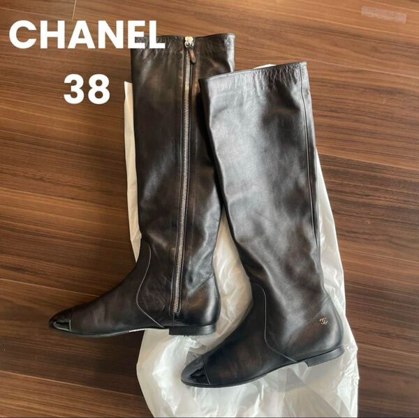 美品 CHANEL シャネル ラムスキン ロングブーツ ロゴ ブラック レザー 38 24.0cm